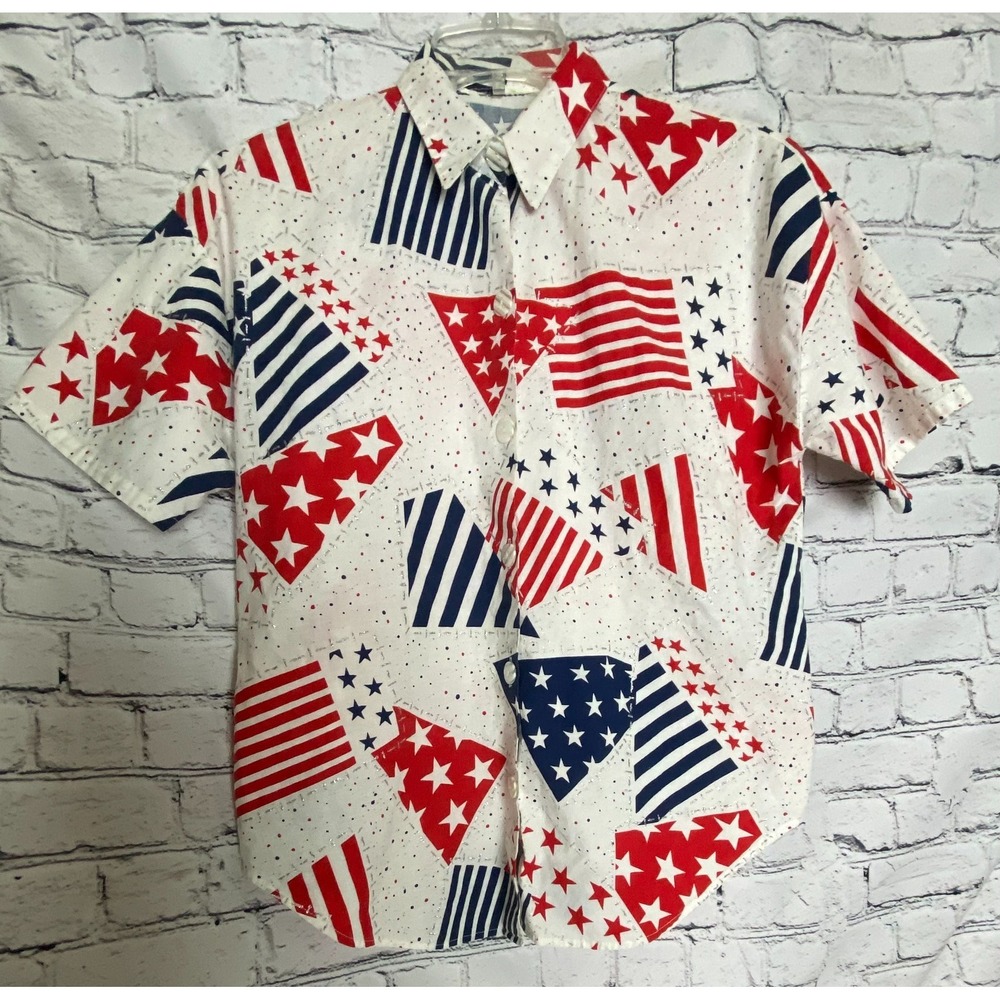 Vintage Womens 4th Of July XL Button Up Shirt Short Sleeve Stars & Stripes